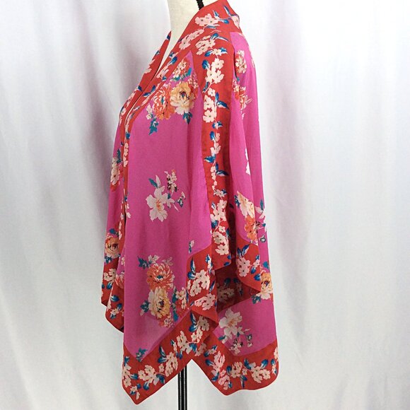 Mahila Kimono Cardigan OS Floral Pink Red Open Front Flowy Modal - Picture 4 of 10